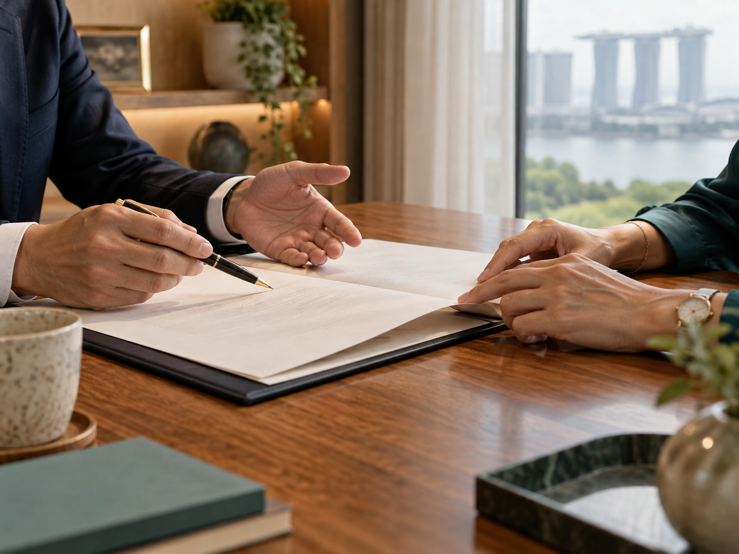 An adviser and client reviewing estate planning documents together